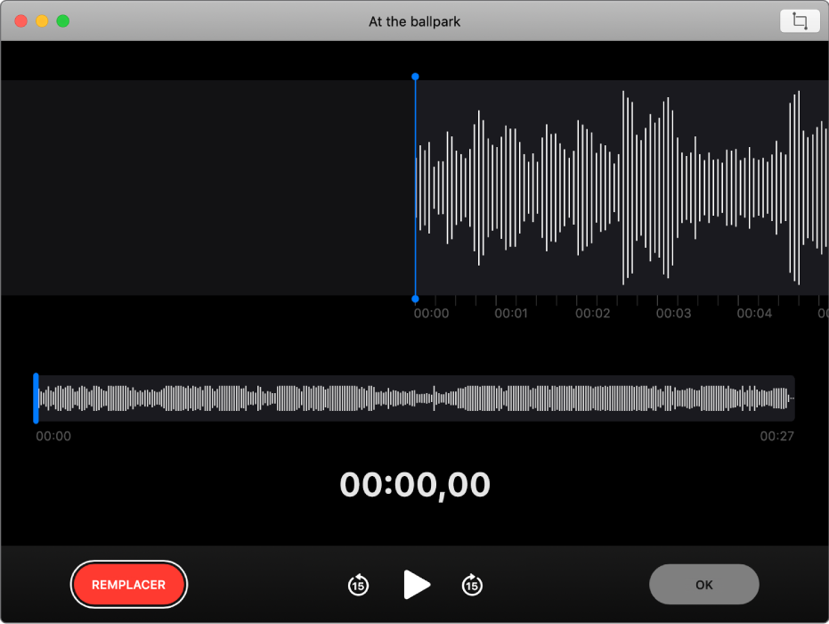 Un mémo vocal. Faites glisser la ligne verticale bleue (la tête de lecture) à l’endroit où vous souhaitez écraser ou raccourcir l’enregistrement. Pour enregistrer une nouvelle piste audio qui remplacera la piste audio existante, cliquez sur le bouton Remplacer à gauche. Pour supprimer du contenu audio en trop, cliquez sur le bouton Raccourcir situé dans le coin supérieur droit.