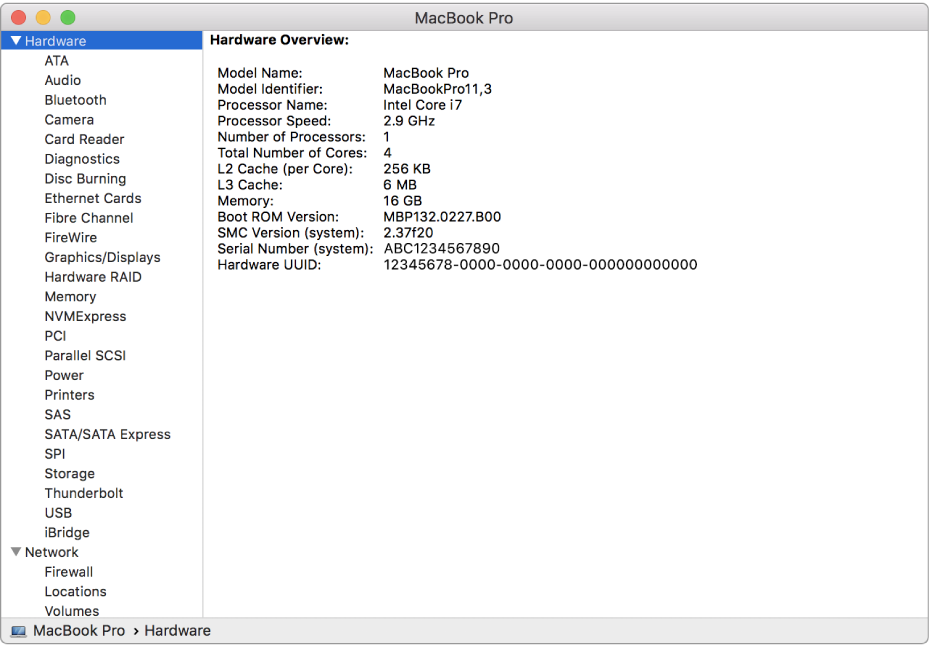 The Hardware specifications section of a system report.