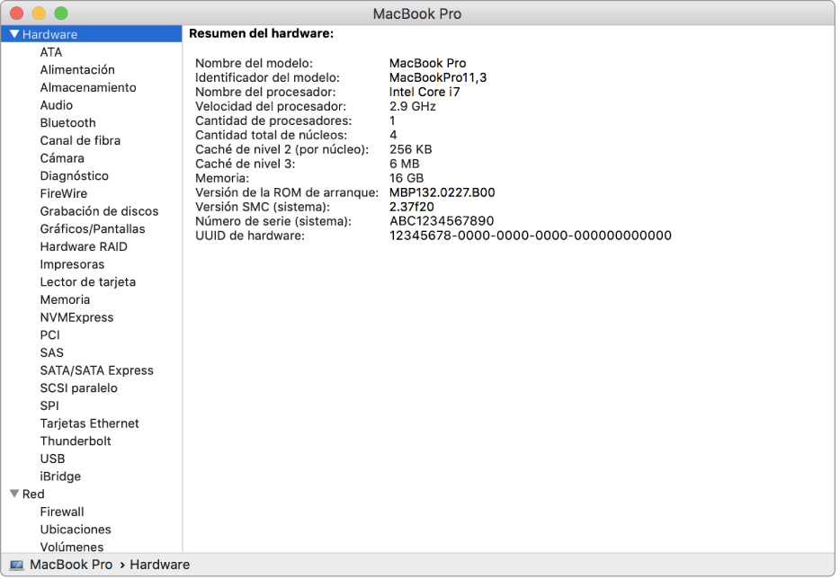 La sección de especificaciones de hardware de un reporte del sistema.