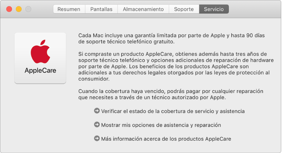 El panel Servicio de Información del Sistema mostrando opciones de servicio de AppleCare.