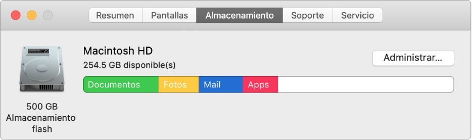 El panel Almacenamiento de Información del Sistema mostrando una representación gráfica del almacenamiento.