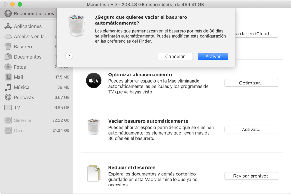 El cuadro de diálogo "¿Seguro que quieres vaciar el basurero automáticamente?" en la ventana Recomendaciones de almacenamiento.