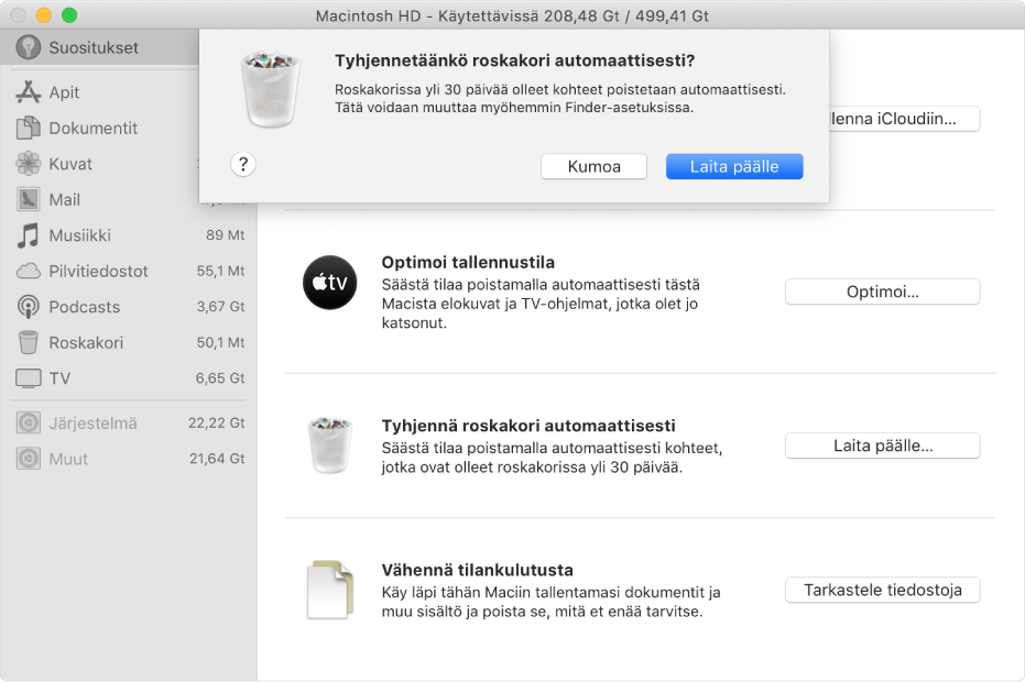 ”Tyhjennetäänkö roskakori automaattisesti” -valintaikkuna tallennustilasuositusten ikkunassa.