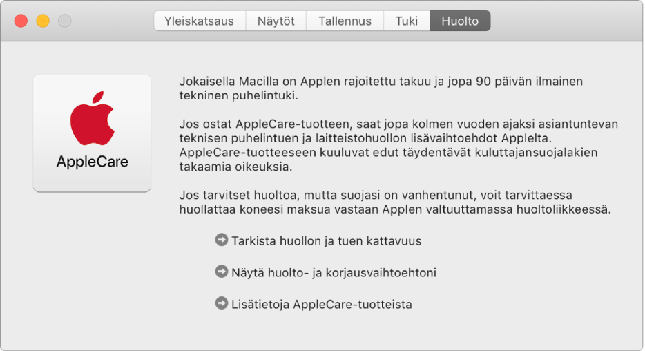 Järjestelmän tietojen Huolto-osio, jossa näkyy AppleCare-huoltovaihtoehdot.