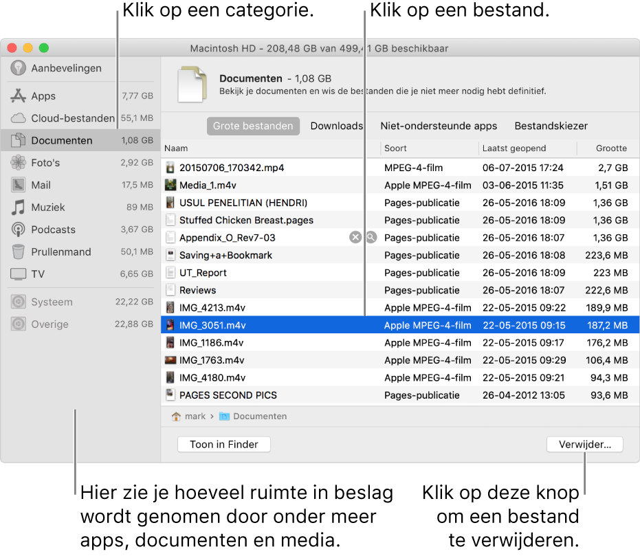 Bekijk de bestanden in de categorieën om te zien hoeveel ruimte er wordt gebruikt, om bestanden te vinden en bestanden te verwijderen die je niet langer nodig hebt.