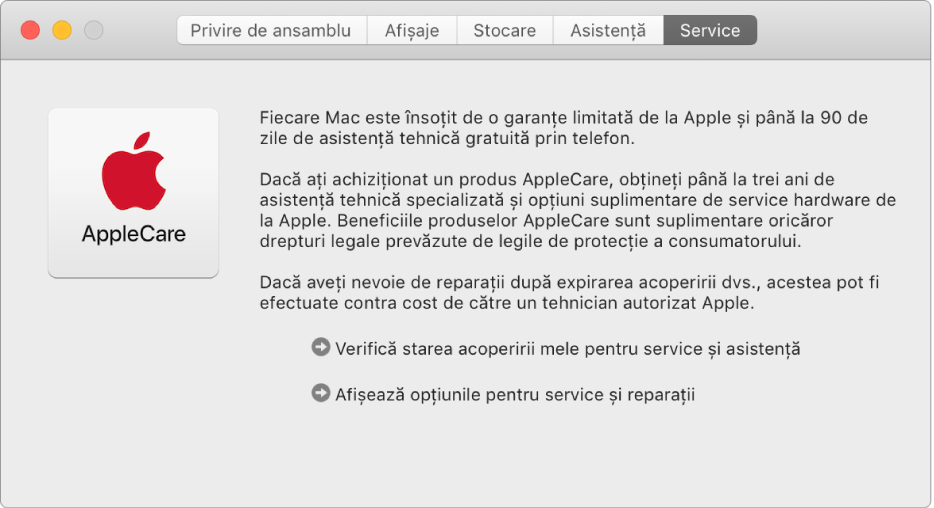 Panoul Service din Informații sistem, prezentând opțiunile de service AppleCare.