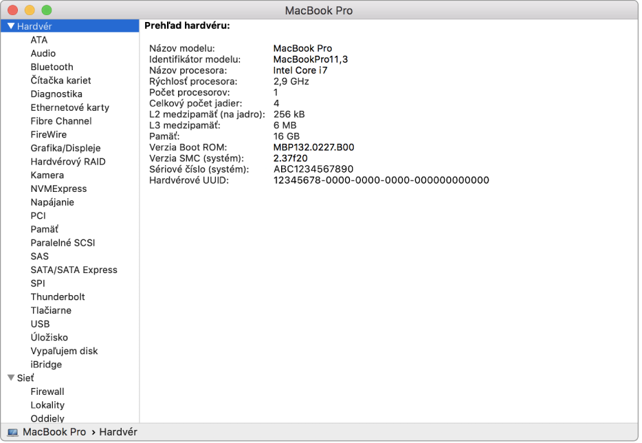 Sekcia hardvérových špecifikácií v Hlásení o systéme.