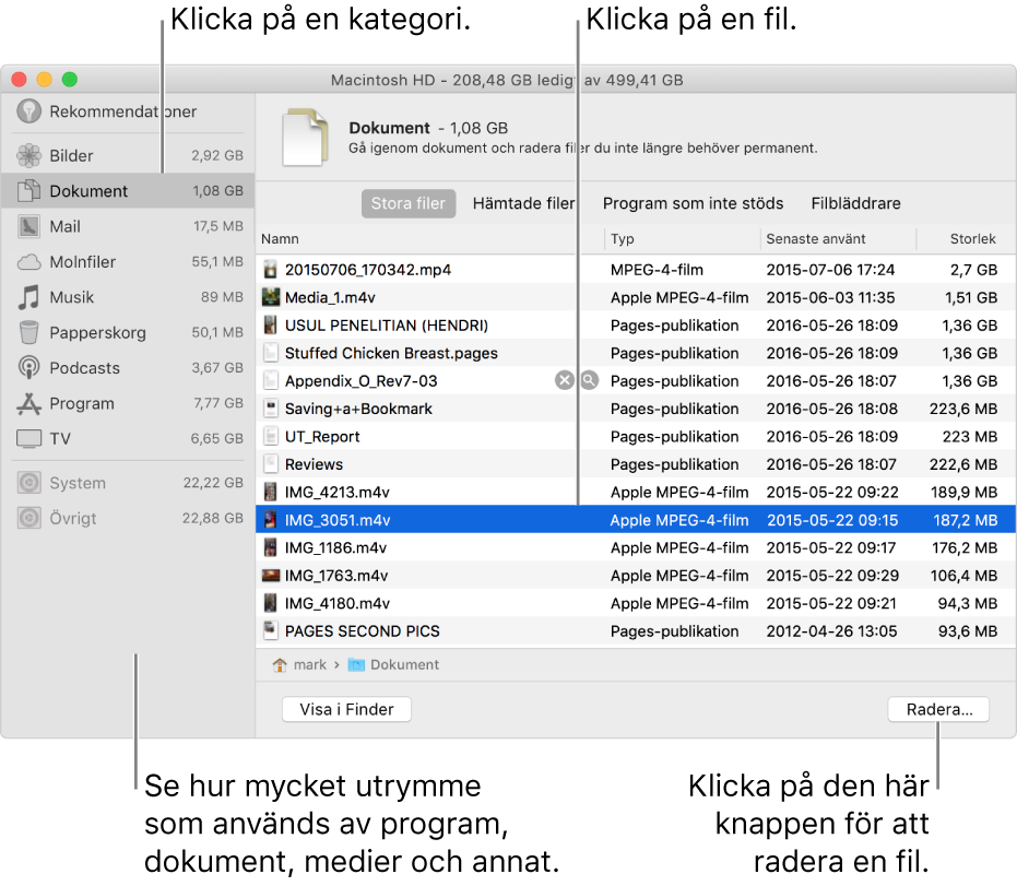 Sortera genom filkategorier för att se hur mycket utrymme som används, hitta filer och radera filer du inte längre behöver.