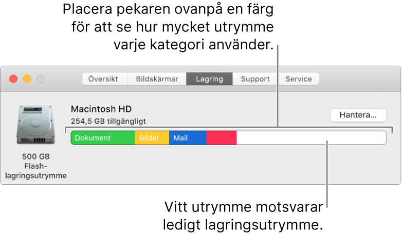 Håll pekaren ovanpå en färg för att se hur mycket utrymme de enskilda kategorierna använder. Vitt utrymme visar ledigt lagringsutrymme.