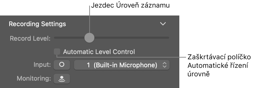 Jezdec Úroveň záznamu a políčko Automatické ovládání úrovně v inspektoru Smart Controls.
