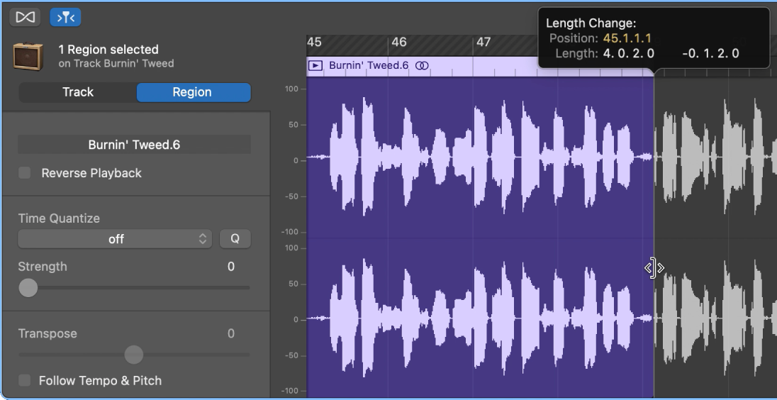 Trimmen einer Region im Audio-Editor. Hierbei werden Trimmzeiger und Info-Text angezeigt.