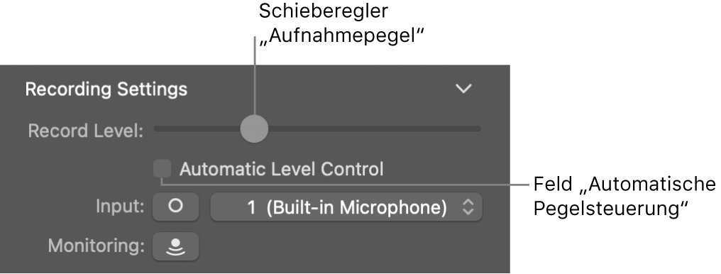 Lautstärkeregler und Feld für die automatische Pegelsteuerung im Informationsfenster „Smart Controls“