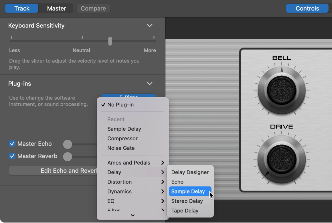 Auswählen eines Effekt-Plug-ins aus dem Plug-in-Kurzbefehlmenü