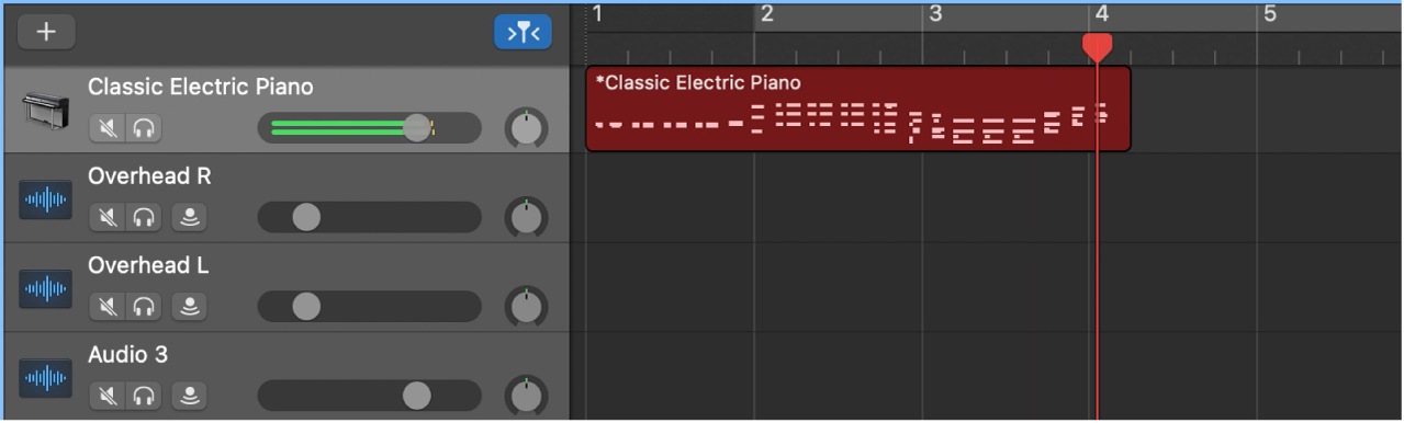 Showing a recorded MIDI region in red in the Tracks area.