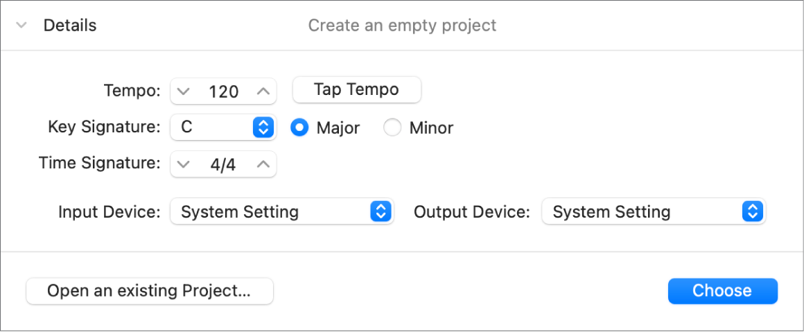 Details area of Project Chooser open, showing parameters