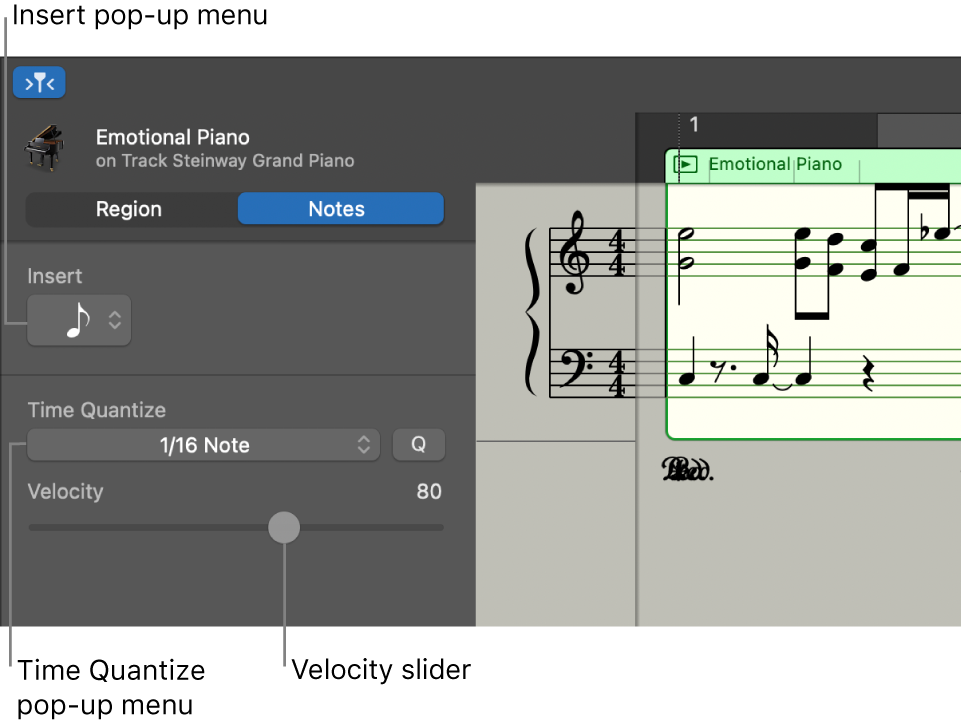 Score Editor inspector in Notes mode, showing controls.