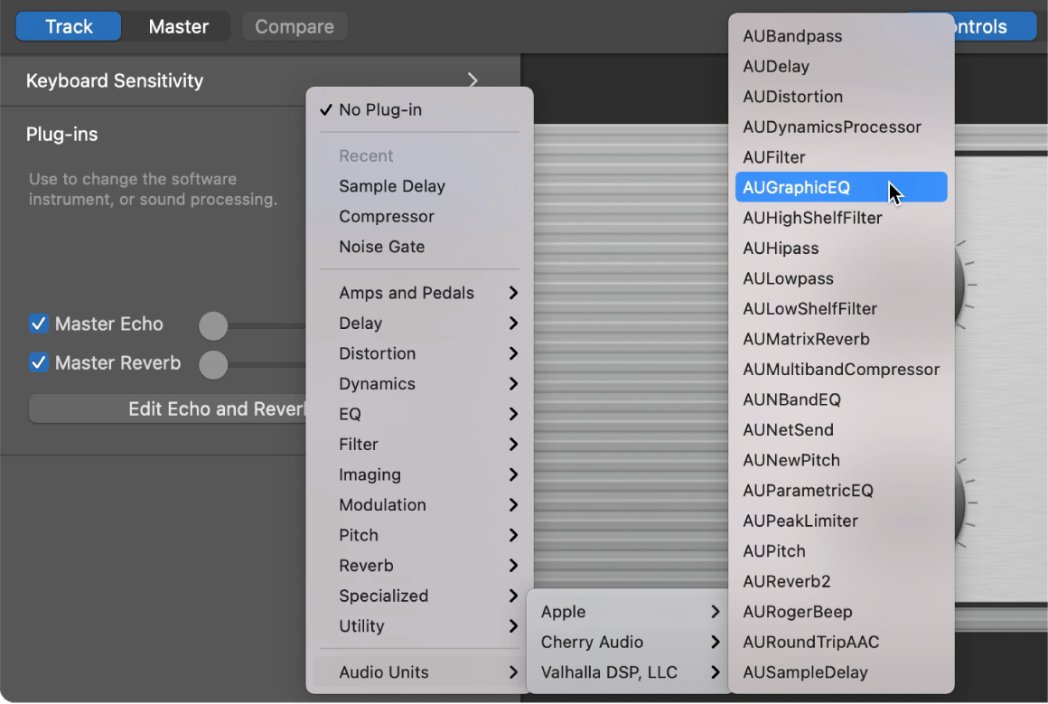 Choosing an Audio Units plug-in from the Audio Units pop-up menu in the Plug-ins area.