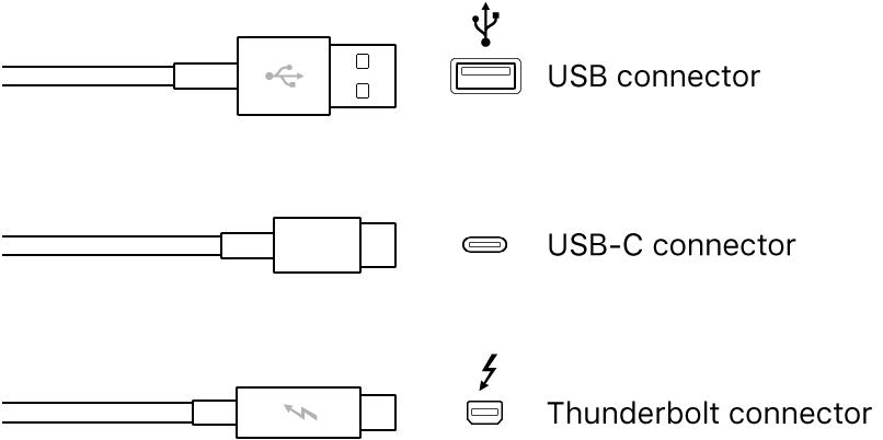 Illustration of USB and FireWire connector types.