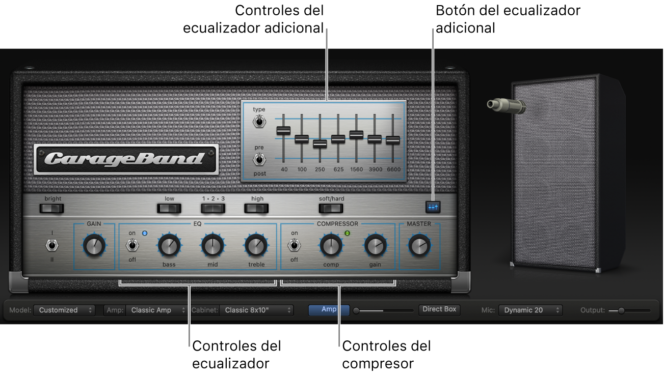 Bass Amp Designer con los controles EQ y Compressor.