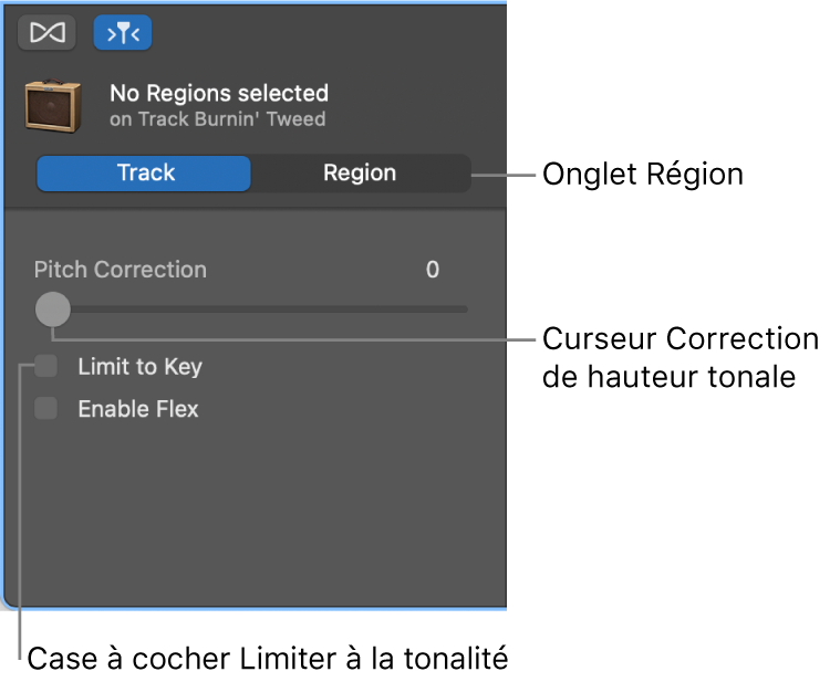 Curseur Correction de tonalité et case Limiter à la tonalité dans l’inspecteur de l’éditeur audio en mode Piste.