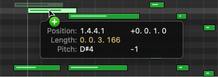 Copie d’une note en la faisant glisser tout en maintenant la touche Option enfoncée dans l’éditeur de partition défilante.