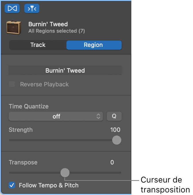 Curseur de transposition dans l’inspecteur de l’éditeur audio en mode Région.