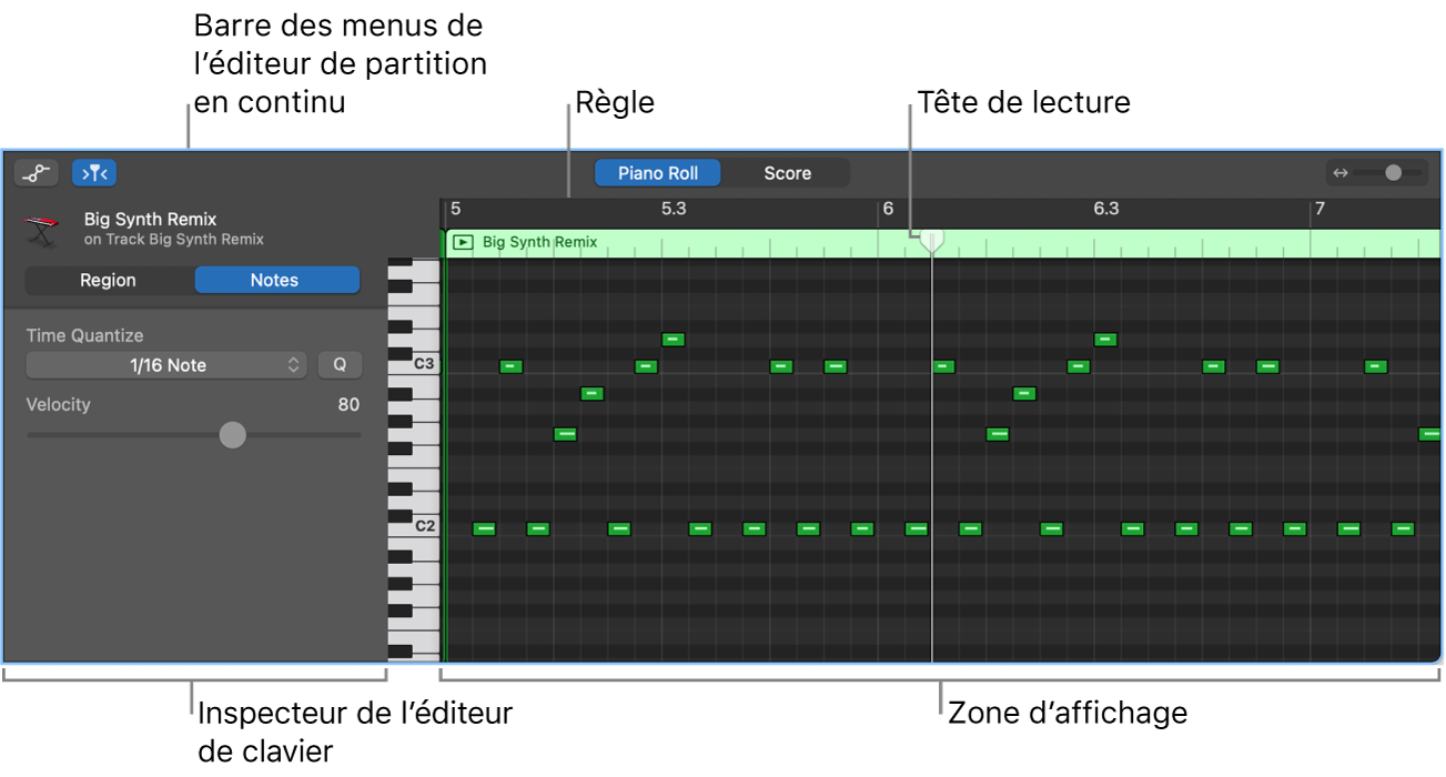 Éditeur de partition défilante, avec mise en évidence d’un événement de note MIDI.