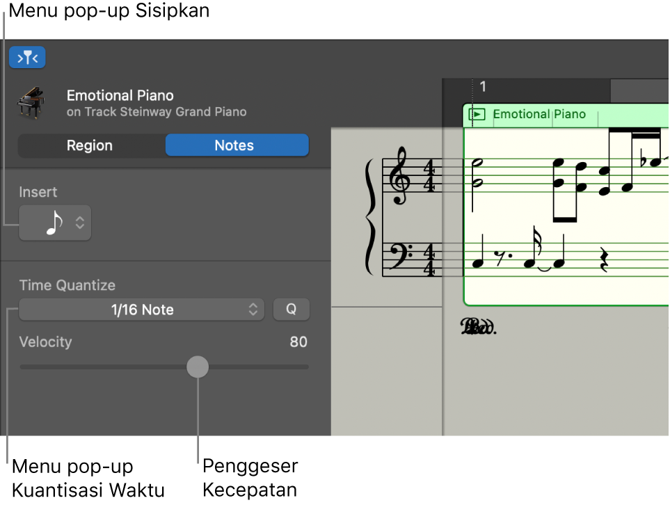 Inspektur Editor Notasi dalam mode Not, yang menampilkan kontrol.