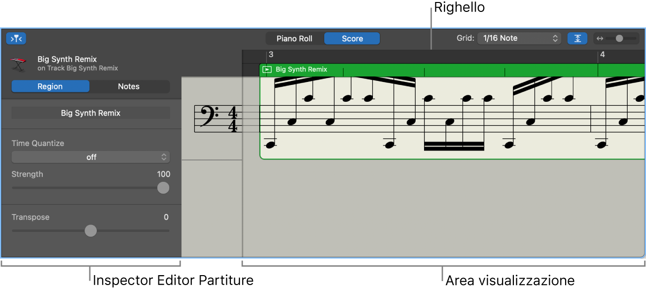 “Editor Partitura” con inspector e area di visualizzazione.