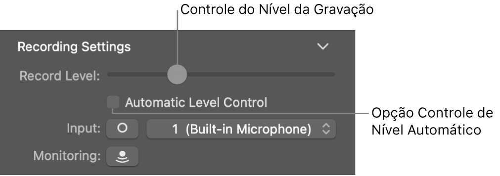 Controle do Nível da Gravação e opção Controlar Automaticamente no inspetor Smart Controls.