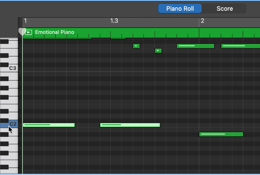 Označenie nôt rovnakej výšky kliknutím na klaviatúru na ľavom okraji Editora Piano Roll.