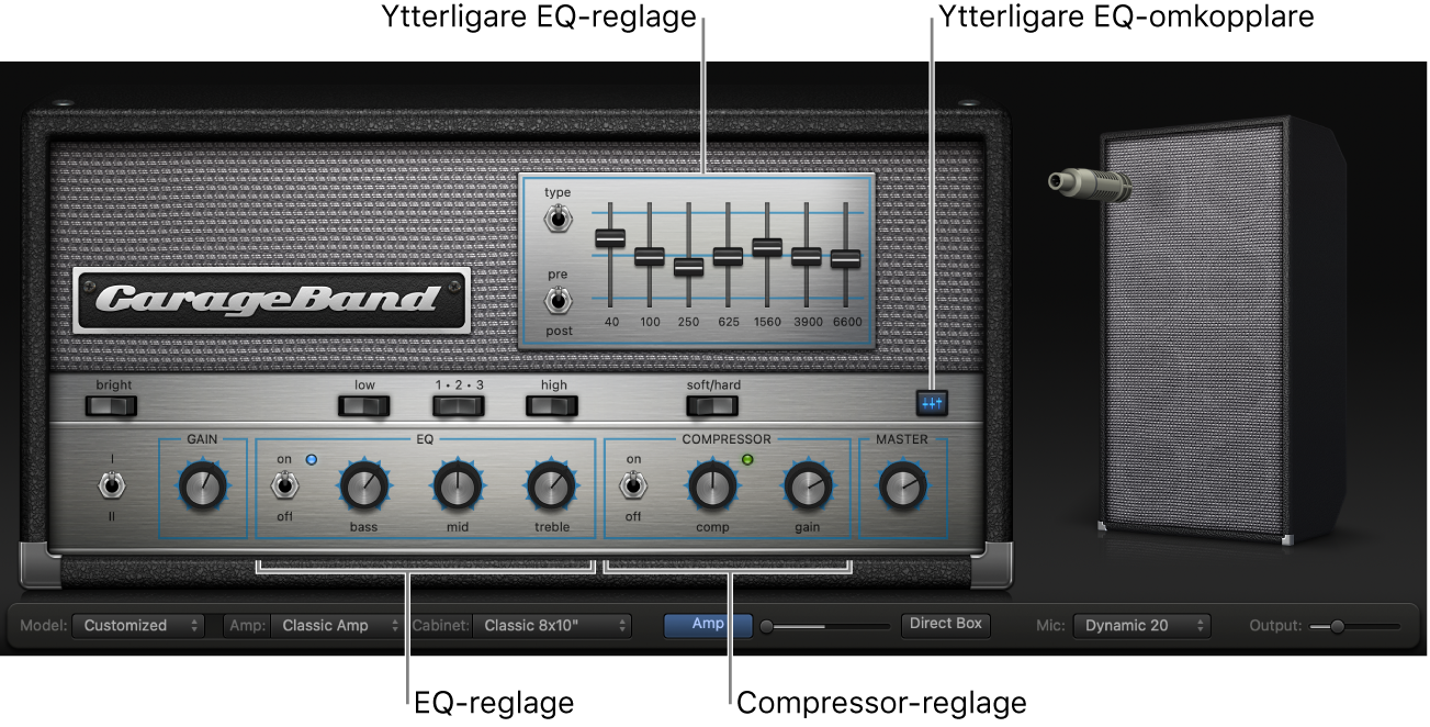 Bass Amp Designer som visar EQ- och Compressor-reglage.