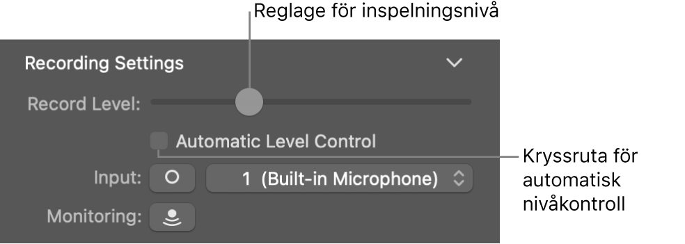 Reglaget Inspelningsnivå och kryssrutan Automatisk nivåkontroll i granskaren för Smart Controls.