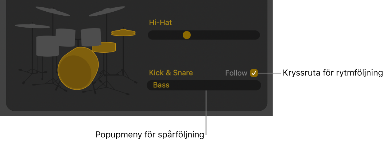 Drummer-redigeraren med kryssrutan Följ rytm och popupmenyn Följ spår.