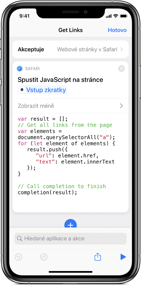 Akce „Spustit JavaScript na webové stránce“ v editoru zkratek