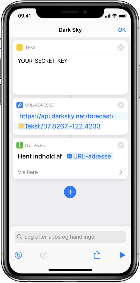 En anmodning til Dark Sky-API'et, der indeholder en Tekst-handling med en hemmelig API-nøgle efterfulgt af handlingen URL-adresse, der henviser til API-slutpunktet ved hjælp af en variabel med en hemmelig nøgle, og derefter handlingen Hent indhold af URL-adresse.