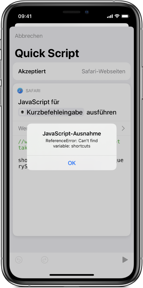 Kurzbefehleditor mit der Fehlermeldung „JavaScript-Ausnahme“