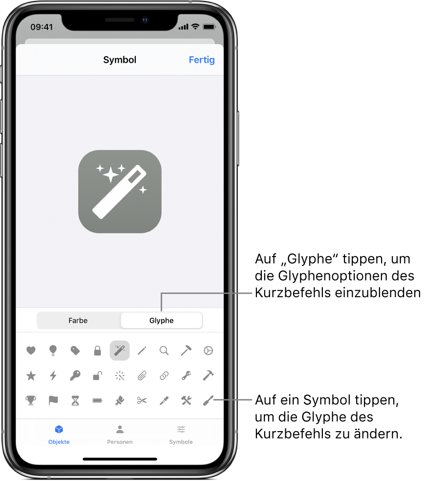 Bildschirm „Symbol“ mit den Glyphenoptionen für den Kurzbefehl.