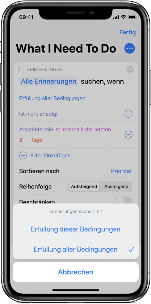 Aktion „Erinnerungen suchen mit“ und die Option „Alle der folgenden Bedingungen werden erfüllt“.