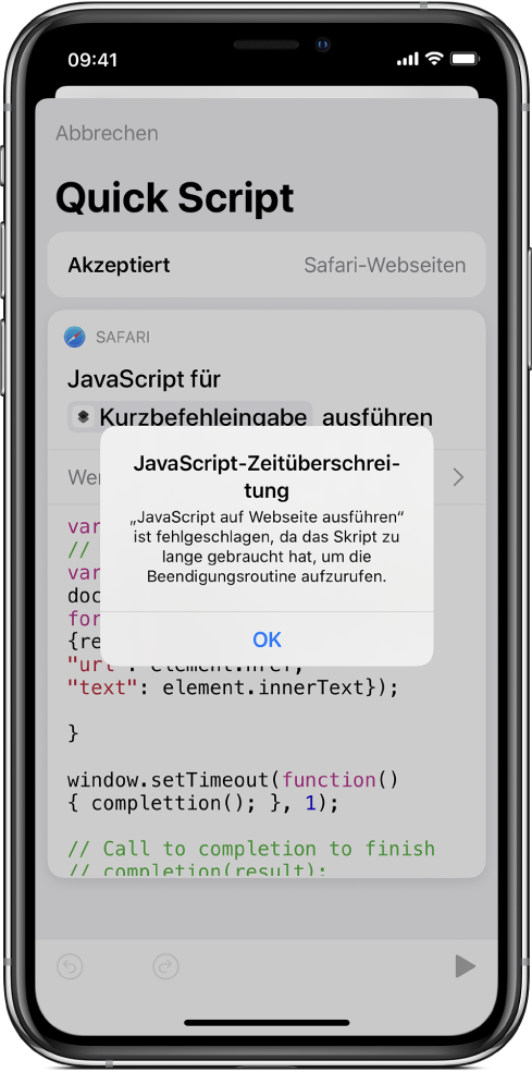 Kurzbefehleditor mit der Fehlermeldung „JavaScript-Zeitüberschreitung“