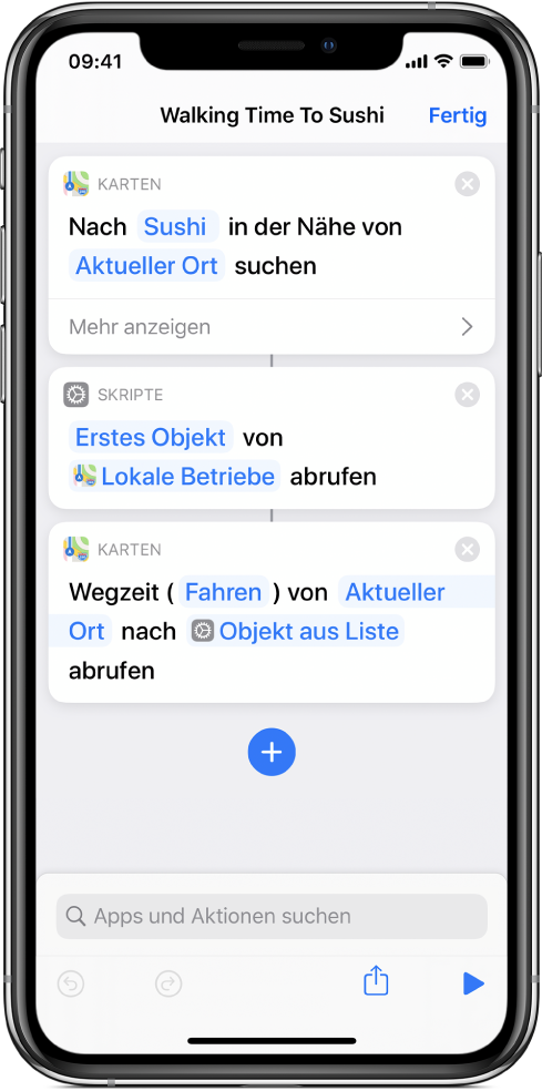 Kurzbefehleditor mit einer Aktion vom Typ „Get“ / „Abrufen“.