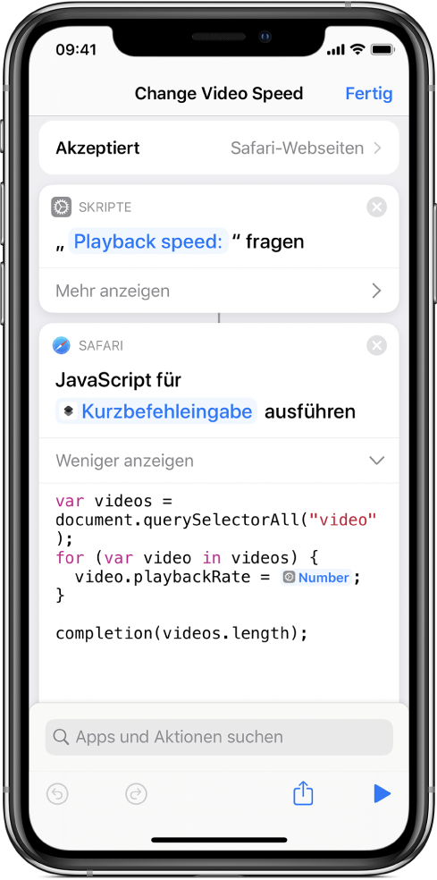 Kurzbefehleditor mit der Aktion „JavaScript auf Webseite ausführen“, die eine magische Variable enthält.