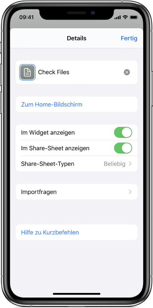 Kurzbefehleditor mit der aktivierten Option „Im Share-Sheet anzeigen“.