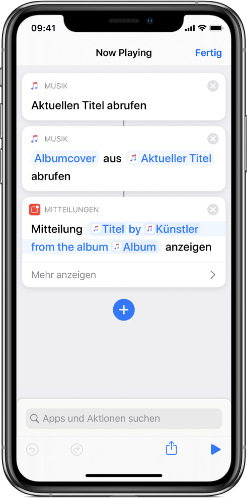 Kurzbefehleditor mit der Aktion „Mitteilung anzeigen“ und dem durch die Aktion „Mitteilung anzeigen“ aufgerufenen Musikhinweis „Jetzt läuft“.