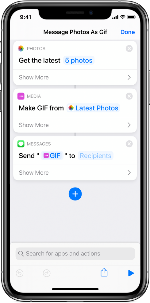 Shortcut editor showing actions used to send a message with photos as an animated GIF.