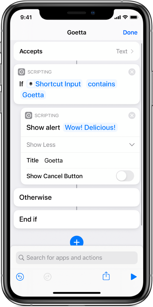 Example shortcut with “If” actions.