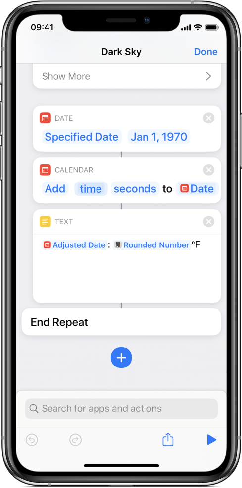 Date action, Adjust Date action and Text action in the shortcut editor, with variables applied.