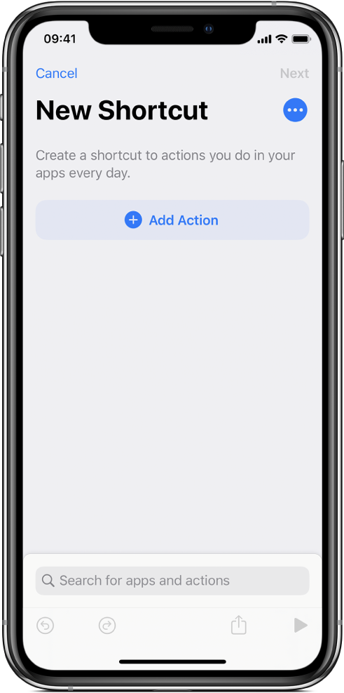 Empty shortcut editor on an iPhone.