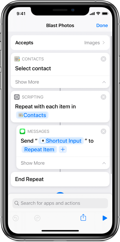 Example shortcut showing “Repeat” actions.