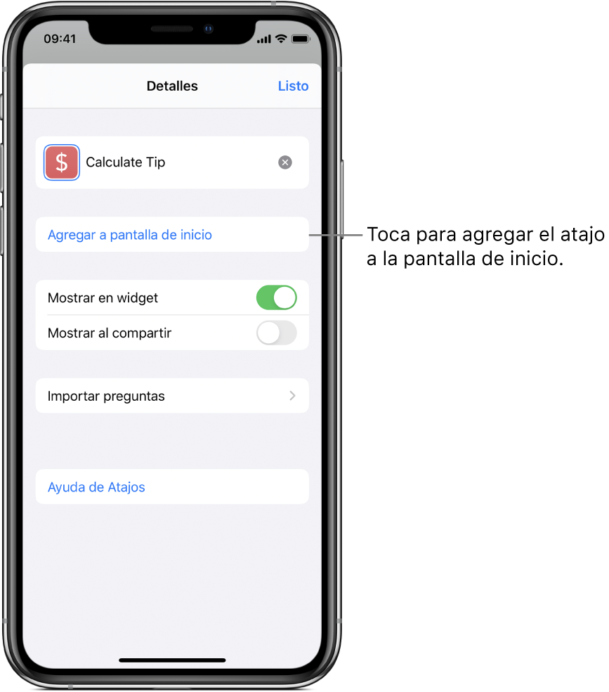 La pantalla Detalles de la app Atajos mostrando "Agregar a pantalla de inicio".